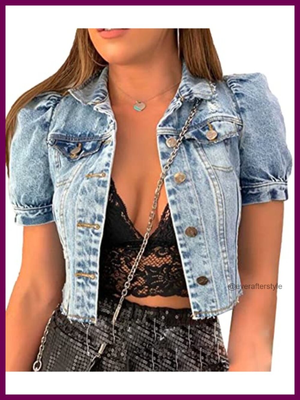 Cropped Denim Jacket Puff Short Sleeve Button Down Jean Coat